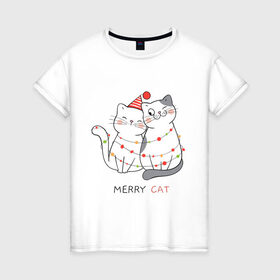 Женская футболка хлопок с принтом Merry Cat в Белгороде, 100% хлопок | прямой крой, круглый вырез горловины, длина до линии бедер, слегка спущенное плечо | 