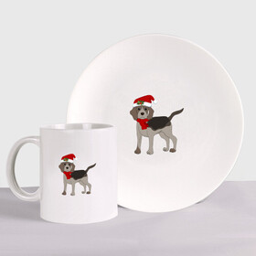 Набор: тарелка + кружка с принтом Новогодний Бигль в Белгороде, керамика | Кружка: объем — 330 мл, диаметр — 80 мм. Принт наносится на бока кружки, можно сделать два разных изображения. 
Тарелка: диаметр - 210 мм, диаметр для нанесения принта - 120 мм. | 2021 | бигль | зима | зимняя собака | милый | нарядная собака | новогодний щенок | новый год | подарок | собака | собака в шапке | шарф | щенок | щенок с шарфом