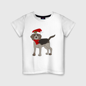 Детская футболка хлопок с принтом Новогодний Бигль в Белгороде, 100% хлопок | круглый вырез горловины, полуприлегающий силуэт, длина до линии бедер | 2021 | бигль | зима | зимняя собака | милый | нарядная собака | новогодний щенок | новый год | подарок | собака | собака в шапке | шарф | щенок | щенок с шарфом