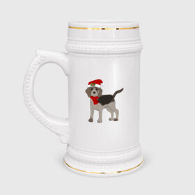 Кружка пивная с принтом Новогодний Бигль в Белгороде,  керамика (Материал выдерживает высокую температуру, стоит избегать резкого перепада температур) |  объем 630 мл | Тематика изображения на принте: 2021 | бигль | зима | зимняя собака | милый | нарядная собака | новогодний щенок | новый год | подарок | собака | собака в шапке | шарф | щенок | щенок с шарфом