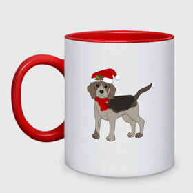 Кружка двухцветная с принтом Новогодний Бигль в Белгороде, керамика | объем — 330 мл, диаметр — 80 мм. Цветная ручка и кайма сверху, в некоторых цветах — вся внутренняя часть | Тематика изображения на принте: 2021 | бигль | зима | зимняя собака | милый | нарядная собака | новогодний щенок | новый год | подарок | собака | собака в шапке | шарф | щенок | щенок с шарфом