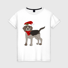 Женская футболка хлопок с принтом Новогодний Бигль в Белгороде, 100% хлопок | прямой крой, круглый вырез горловины, длина до линии бедер, слегка спущенное плечо | 2021 | бигль | зима | зимняя собака | милый | нарядная собака | новогодний щенок | новый год | подарок | собака | собака в шапке | шарф | щенок | щенок с шарфом