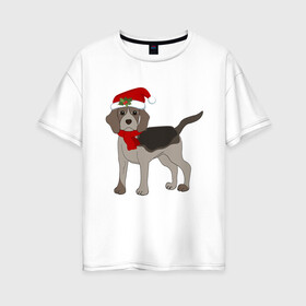 Женская футболка хлопок Oversize с принтом Новогодний Бигль в Белгороде, 100% хлопок | свободный крой, круглый ворот, спущенный рукав, длина до линии бедер
 | 2021 | бигль | зима | зимняя собака | милый | нарядная собака | новогодний щенок | новый год | подарок | собака | собака в шапке | шарф | щенок | щенок с шарфом