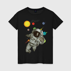 Женская футболка хлопок с принтом Астронавт в Белгороде, 100% хлопок | прямой крой, круглый вырез горловины, длина до линии бедер, слегка спущенное плечо | sun | астронавт | галактика | космос | планеты