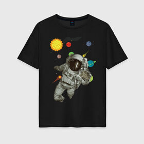 Женская футболка хлопок Oversize с принтом Астронавт в Белгороде, 100% хлопок | свободный крой, круглый ворот, спущенный рукав, длина до линии бедер
 | sun | астронавт | галактика | космос | планеты