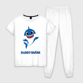 Женская пижама хлопок с принтом Baby Shark Daddy в Белгороде, 100% хлопок | брюки и футболка прямого кроя, без карманов, на брюках мягкая резинка на поясе и по низу штанин | Тематика изображения на принте: 