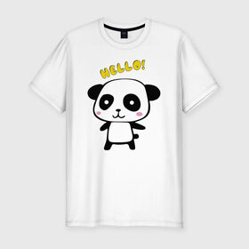 Мужская футболка хлопок Slim с принтом Милая пандочка в Белгороде, 92% хлопок, 8% лайкра | приталенный силуэт, круглый вырез ворота, длина до линии бедра, короткий рукав | маленькая панда | маленькая пандочка | милашка | милая панда | милая пандочка | панда | панда hello | панда милашка | пандочка | пандочка hello | пандочка милашка