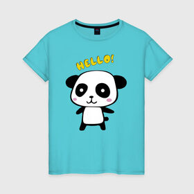 Женская футболка хлопок с принтом Милая пандочка в Белгороде, 100% хлопок | прямой крой, круглый вырез горловины, длина до линии бедер, слегка спущенное плечо | маленькая панда | маленькая пандочка | милашка | милая панда | милая пандочка | панда | панда hello | панда милашка | пандочка | пандочка hello | пандочка милашка