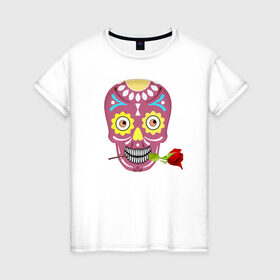 Женская футболка хлопок с принтом Череп с розой в Белгороде, 100% хлопок | прямой крой, круглый вырез горловины, длина до линии бедер, слегка спущенное плечо | деньмертвых | зубы | мексика | роза | скелет | хэллоуин | цветок | череп