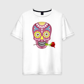 Женская футболка хлопок Oversize с принтом Череп с розой в Белгороде, 100% хлопок | свободный крой, круглый ворот, спущенный рукав, длина до линии бедер
 | деньмертвых | зубы | мексика | роза | скелет | хэллоуин | цветок | череп