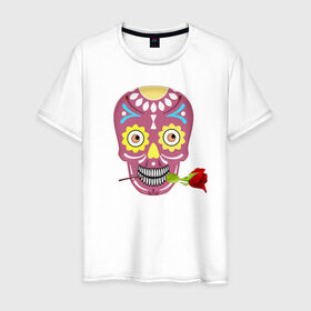 Мужская футболка хлопок с принтом Череп с розой в Белгороде, 100% хлопок | прямой крой, круглый вырез горловины, длина до линии бедер, слегка спущенное плечо. | деньмертвых | зубы | мексика | роза | скелет | хэллоуин | цветок | череп