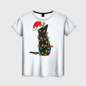 Женская футболка 3D с принтом Новогодний кот в Белгороде, 100% полиэфир ( синтетическое хлопкоподобное полотно) | прямой крой, круглый вырез горловины, длина до линии бедер | 2021 | белка | гирлянда | год быка | дед мороз | елка | енот | кот | котик | лиса | маска | неон | новогодний кот | новогодняя | новый год | олень | праздник | радуга | рождество | с новым годом | санта