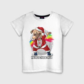 Детская футболка хлопок с принтом Новогодний мопс в Белгороде, 100% хлопок | круглый вырез горловины, полуприлегающий силуэт, длина до линии бедер | Тематика изображения на принте: 