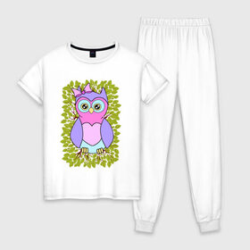 Женская пижама хлопок с принтом Милая совушка в Белгороде, 100% хлопок | брюки и футболка прямого кроя, без карманов, на брюках мягкая резинка на поясе и по низу штанин | детская сова | для девочек | птица | сова | совушка