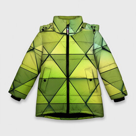 Зимняя куртка для девочек 3D с принтом Зелёные треугольники в Белгороде, ткань верха — 100% полиэстер; подклад — 100% полиэстер, утеплитель — 100% полиэстер. | длина ниже бедра, удлиненная спинка, воротник стойка и отстегивающийся капюшон. Есть боковые карманы с листочкой на кнопках, утяжки по низу изделия и внутренний карман на молнии. 

Предусмотрены светоотражающий принт на спинке, радужный светоотражающий элемент на пуллере молнии и на резинке для утяжки. | геометрия | зелёный | текстура | треугольники | фигуры