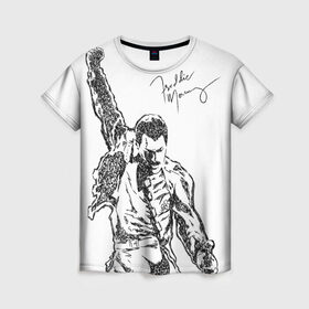Женская футболка 3D с принтом Freddie Mercury в Белгороде, 100% полиэфир ( синтетическое хлопкоподобное полотно) | прямой крой, круглый вырез горловины, длина до линии бедер | freddie mercury | queen | автограф | квин | фредди меркьюри
