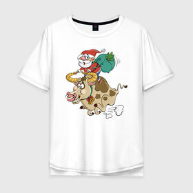 Мужская футболка хлопок Oversize с принтом Санта на олене в Белгороде, 100% хлопок | свободный крой, круглый ворот, “спинка” длиннее передней части | Тематика изображения на принте: 
