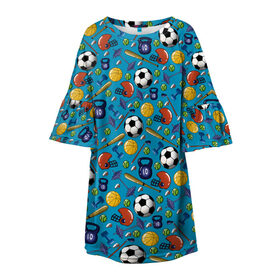 Детское платье 3D с принтом СПОРТ в Белгороде, 100% полиэстер | прямой силуэт, чуть расширенный к низу. Круглая горловина, на рукавах — воланы | Тематика изображения на принте: бейсбол | гиря | спорт | футбол | футбольный мяч | штанга