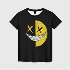 Женская футболка 3D с принтом SMILE в Белгороде, 100% полиэфир ( синтетическое хлопкоподобное полотно) | прямой крой, круглый вырез горловины, длина до линии бедер | глаза крестики | злой смайл | зубы | контраст | смайл | эмоция