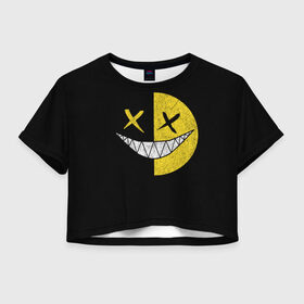 Женская футболка Crop-top 3D с принтом SMILE в Белгороде, 100% полиэстер | круглая горловина, длина футболки до линии талии, рукава с отворотами | глаза крестики | злой смайл | зубы | контраст | смайл | эмоция