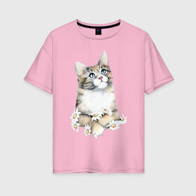 Женская футболка хлопок Oversize с принтом Кошечка в Белгороде, 100% хлопок | свободный крой, круглый ворот, спущенный рукав, длина до линии бедер
 | 