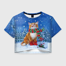 Женская футболка Crop-top 3D с принтом Cat New Year в Белгороде, 100% полиэстер | круглая горловина, длина футболки до линии талии, рукава с отворотами | 2021 | santa | белка | гирлянда | год быка | дед мороз | елка | енот | зверь | кот | котейка | котик | кошак | лиса | мальчик | маска | неон | новогодняя | новый год | олень | пингвин | праздник | радуга | ребенку