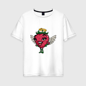 Женская футболка хлопок Oversize с принтом Ангельская клубника в Белгороде, 100% хлопок | свободный крой, круглый ворот, спущенный рукав, длина до линии бедер
 | ангел | арт | белые крылья | клубника | крылья | рисунок | супер | супер герой | супер персонаж