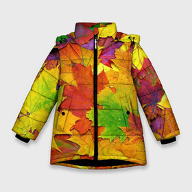 Зимняя куртка для девочек 3D с принтом Осенние листья в Белгороде, ткань верха — 100% полиэстер; подклад — 100% полиэстер, утеплитель — 100% полиэстер. | длина ниже бедра, удлиненная спинка, воротник стойка и отстегивающийся капюшон. Есть боковые карманы с листочкой на кнопках, утяжки по низу изделия и внутренний карман на молнии. 

Предусмотрены светоотражающий принт на спинке, радужный светоотражающий элемент на пуллере молнии и на резинке для утяжки. | клён | краски | листья | осень | радуга | разноцветный | яркая
