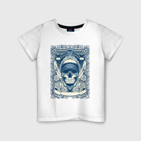 Детская футболка хлопок с принтом Пиратская картина в Белгороде, 100% хлопок | круглый вырез горловины, полуприлегающий силуэт, длина до линии бедер | арт | вектор | гот | готический рисунок | готическое | перо | перья | пират | пиратская картина | повязка | рисунок | синий | череп
