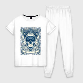 Женская пижама хлопок с принтом Пиратская картина в Белгороде, 100% хлопок | брюки и футболка прямого кроя, без карманов, на брюках мягкая резинка на поясе и по низу штанин | арт | вектор | гот | готический рисунок | готическое | перо | перья | пират | пиратская картина | повязка | рисунок | синий | череп