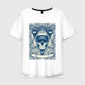 Мужская футболка хлопок Oversize с принтом Пиратская картина в Белгороде, 100% хлопок | свободный крой, круглый ворот, “спинка” длиннее передней части | Тематика изображения на принте: арт | вектор | гот | готический рисунок | готическое | перо | перья | пират | пиратская картина | повязка | рисунок | синий | череп