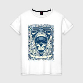 Женская футболка хлопок с принтом Пиратская картина в Белгороде, 100% хлопок | прямой крой, круглый вырез горловины, длина до линии бедер, слегка спущенное плечо | арт | вектор | гот | готический рисунок | готическое | перо | перья | пират | пиратская картина | повязка | рисунок | синий | череп