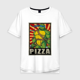 Мужская футболка хлопок Oversize с принтом Pizza Turtles в Белгороде, 100% хлопок | свободный крой, круглый ворот, “спинка” длиннее передней части | Тематика изображения на принте: donatello | leonardo | michelangelo | ninja | raphael | turtles | воин | донателло | животные | карате | комикс | комиксы | крэнг | леонардо | микеланджело | мультфильм | мутант | мутанты | ниндзя | пицца | рафаэль | сплинтер