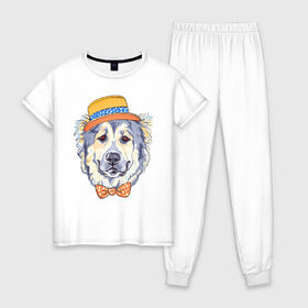 Женская пижама хлопок с принтом Джентльмен в Белгороде, 100% хлопок | брюки и футболка прямого кроя, без карманов, на брюках мягкая резинка на поясе и по низу штанин | арт | графика | животные | сенбернар | собаки