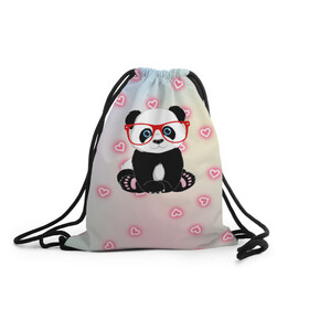 Рюкзак-мешок 3D с принтом Милая пандочка  в Белгороде, 100% полиэстер | плотность ткани — 200 г/м2, размер — 35 х 45 см; лямки — толстые шнурки, застежка на шнуровке, без карманов и подкладки | маленькая панда | маленькая пандочк | милая панда | милая пандочка | панда | панда в красных очках | панда в очках | панда очки | панда сердечки | панда сердце | пандочка | пандочка в красных очках