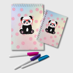 Блокнот с принтом Милая пандочка в Белгороде, 100% бумага | 48 листов, плотность листов — 60 г/м2, плотность картонной обложки — 250 г/м2. Листы скреплены удобной пружинной спиралью. Цвет линий — светло-серый
 | маленькая панда | маленькая пандочк | милая панда | милая пандочка | панда | панда в красных очках | панда в очках | панда очки | панда сердечки | панда сердце | пандочка | пандочка в красных очках