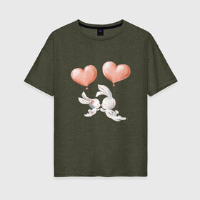 Женская футболка хлопок Oversize с принтом Пара влюбленных зайчиков в Белгороде, 100% хлопок | свободный крой, круглый ворот, спущенный рукав, длина до линии бедер
 | зайчики | любовь | пара | розовый | сердце | серый | шарики
