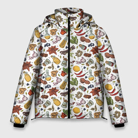 Мужская зимняя куртка 3D с принтом Специи в Белгороде, верх — 100% полиэстер; подкладка — 100% полиэстер; утеплитель — 100% полиэстер | длина ниже бедра, свободный силуэт Оверсайз. Есть воротник-стойка, отстегивающийся капюшон и ветрозащитная планка. 

Боковые карманы с листочкой на кнопках и внутренний карман на молнии. | cardamom | cinnamon | lavrushka | lemon | nut | oil | onion | pepper | salt | spices | кардамон | корица | лаврушка | лимон | лук | масло | орех | перец | соль | специи