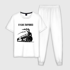 Мужская пижама хлопок с принтом Паровоз в Белгороде, 100% хлопок | брюки и футболка прямого кроя, без карманов, на брюках мягкая резинка на поясе и по низу штанин
 | Тематика изображения на принте: паровоз | чёрно белый