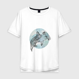 Мужская футболка хлопок Oversize с принтом Акула-молот в Белгороде, 100% хлопок | свободный крой, круглый ворот, “спинка” длиннее передней части | circle | graphics | moon | shark | watercolor | акварель | акула | графика | круг | луна