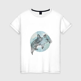 Женская футболка хлопок с принтом Акула-молот в Белгороде, 100% хлопок | прямой крой, круглый вырез горловины, длина до линии бедер, слегка спущенное плечо | circle | graphics | moon | shark | watercolor | акварель | акула | графика | круг | луна