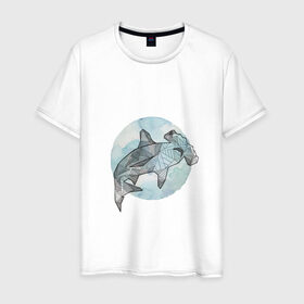 Мужская футболка хлопок с принтом Акула-молот в Белгороде, 100% хлопок | прямой крой, круглый вырез горловины, длина до линии бедер, слегка спущенное плечо. | circle | graphics | moon | shark | watercolor | акварель | акула | графика | круг | луна