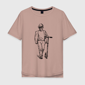 Мужская футболка хлопок Oversize с принтом Самокатер в Белгороде, 100% хлопок | свободный крой, круглый ворот, “спинка” длиннее передней части | Тематика изображения на принте: крутой | самокат | чёрно белый