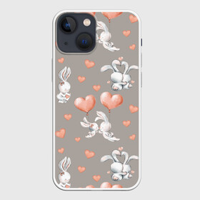 Чехол для iPhone 13 mini с принтом Влюбленные в Белгороде,  |  | Тематика изображения на принте: влюбленные | зайчики | пара | розовый | сердце | серый | шарики