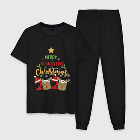 Мужская пижама хлопок с принтом Merry Quarantine Christmas. в Белгороде, 100% хлопок | брюки и футболка прямого кроя, без карманов, на брюках мягкая резинка на поясе и по низу штанин
 | 