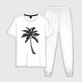 Мужская пижама хлопок с принтом Пальма в Белгороде, 100% хлопок | брюки и футболка прямого кроя, без карманов, на брюках мягкая резинка на поясе и по низу штанин
 | palm | дерево | жаркие страны | кокосы | море | отдых | черно белый | черный | экзотика