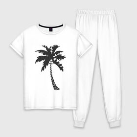 Женская пижама хлопок с принтом Пальма в Белгороде, 100% хлопок | брюки и футболка прямого кроя, без карманов, на брюках мягкая резинка на поясе и по низу штанин | palm | дерево | жаркие страны | кокосы | море | отдых | черно белый | черный | экзотика