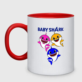 Кружка двухцветная с принтом Baby Shark в Белгороде, керамика | объем — 330 мл, диаметр — 80 мм. Цветная ручка и кайма сверху, в некоторых цветах — вся внутренняя часть | baby | baby shark | shark | акула | анимация | бэби | бэби шарк | дети | мультфильм | песня | ребенок | шарк
