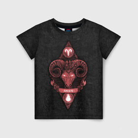 Детская футболка 3D с принтом ОВЕН в Белгороде, 100% гипоаллергенный полиэфир | прямой крой, круглый вырез горловины, длина до линии бедер, чуть спущенное плечо, ткань немного тянется | Тематика изображения на принте: aries | животное | зверь | знак зодиака | овен