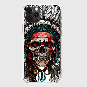 Чехол для iPhone 12 Pro Max с принтом Череп индейца в Белгороде, Силикон |  | зубы | индеец | маска | перья | рисунок | ритуал | скелет | страшный | череп